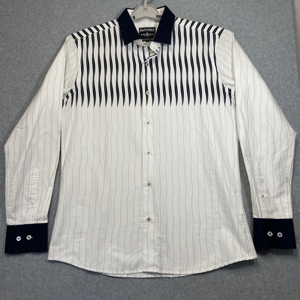 Barabas Men's Button Down Shirt Sz M White Navy Dot Long Sleeve Dressy Chic